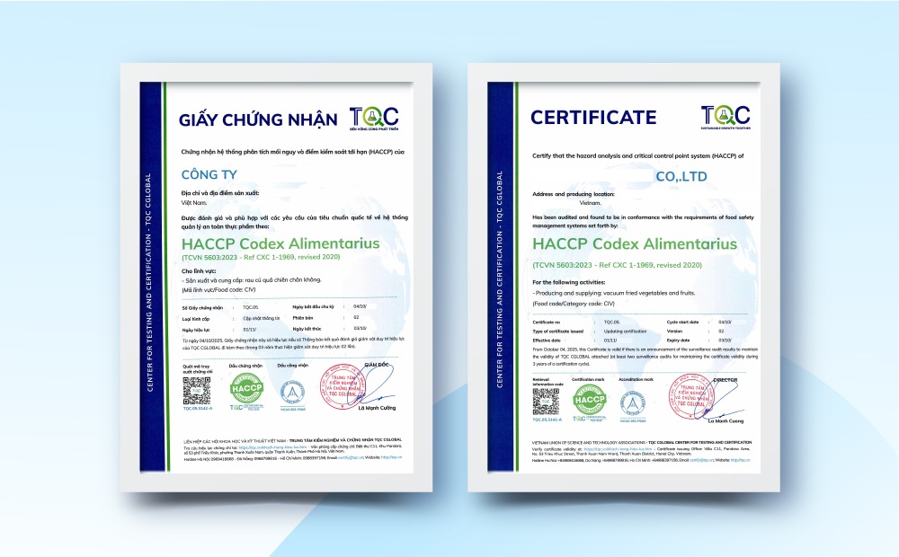 Giấy chứng nhận HACCP do TQC CGLOBAL cấp